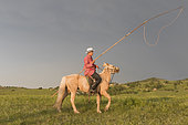 Mongol on a horse, with a catch lasso, Bashang Grassland, Zhangjiakou, Hebei Province, Inner Mongolia, China
