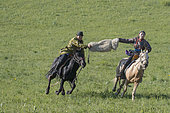 Mongols en habits traditionnels sur un cheval, exercice traditionnel d'adresse, Prairies de Bashang, Zhangjiakou, Province de Heibei, Mongolie intérieure, Chine