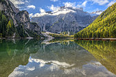 Mirror on Lake Braies, in the Dolomites, famous lake in a grandiose setting, tourism spot in the upper Adige at the foot of the Dolomites, Fanes-Sennes-Braies Nature Park, Tyrol, Italy