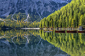 Mirror on Lake Braies, in the Dolomites, famous lake in a grandiose setting, tourism spot in the upper Adige at the foot of the Dolomites, Fanes-Sennes-Braies Nature Park, Tyrol, Italy