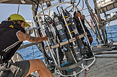 Tara Oceans Expeditions - May 2011. CTD-Rosette (Conductivity Temperature Density instrumental platform with 7 additional sensors), Galapagos