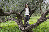 Alessandra, 7, poses in a several hundred years old olive tree in Kritsa, Crete, Greece
