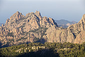 View from the Bavella pass (1218m) on the Punta di Ferriate massif (1085m), Alta Rocca, Quenza, Corse-du-Sud, France