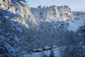 Sunrise on the resort of Avoriaz, from the valley, Haute-Savoie, Alps, France
