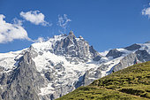 The Grand Pic de La Meije (3983 m) and its glacier, hikers on the GR 50 - GR 54, La Grave, Écrins National Park, Hautes-Alpes, France