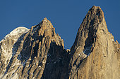 From left to right, the Aiguille Verte, the Aiguille sans nom, and the Aiguille du Dru, in the Mont-Blanc massif, Haute-Savoie, Alps, France