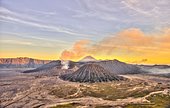 Sunset, smoking volcano Gunung Bromo, Mount Batok in front, Mount Kursi at back, Mount Gunung Semeru, Bromo Tengger Semeru National Park, Java, Indonesia, Asia