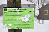 Recommendation sign for hikers and walkers with specific instructions concerning the respect of guard dogs and herds, Loscence Valley, Vercors, Drôme, France