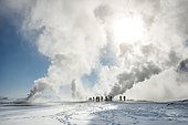 People standing by a fumarole, rising steam, geothermal area Hverarönd, also Hverir or Namaskard, Northern Iceland, Iceland, Europe