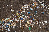 Microplastics on the sandy beach, washed up on dark lava sand, Playa Famara, Lanzarote, Canary Islands, Spain, Europe