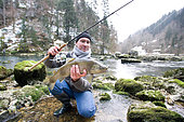 Trout fishing on the Doubs river, Catch a big wild trout, Goumois, Doubs, Franche-Comté, France