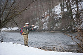 Trout fishing on the Doubs river, fly fishing, Goumois, Doubs, Franche-Comté, France