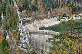 Chatelot dam in low water, Doubs River, Haut Doubs, France