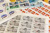 Detail of stamps, postmarks and mailpieces at the postal administration of the Dumont D'urville Antarctic Base. Philately of the TAAF. Adélie Land, Antarctica