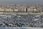 The frozen Danube in winter, Budapest, Hungary.
