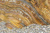 Polychrome strata of Playa del Silencio, Asturias, Spain. Spectacular variegated and tortured strata of quartzite, sandstone and schists, deformed by the tectonic and dating from the Paleozoic (Cambrian / Ordovician)