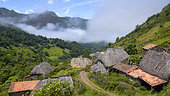 Cabanes d'estive traditionnelles, à toit de genêt, dans les montagnes de Somiedo, Parc Naturel et réserve de biosphère de l’UNESCO, Montagnes sauvages connues pour leurs nombreux ours (une centaine) se situant dans la région des Asturies, Espagne