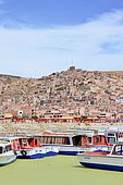 Boats on Lake Titicaca and green algae due to pollution, Puno, Peru.