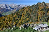Narbèze hut and forest facing Lescun and part of its circus, Pyrenees, France