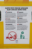 Information panel in the Côtes-d'Armor concerning African swine fever which circulates in certain European countries, Brittany, France