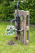 Garden decoration composed of a pump fixed on a recovery pallet, spring, Pas de Calais, France