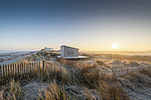 Beach huts in frosty beachgrass at sunrise in winter, Hauts de France, France