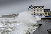 Waves hitting the Wimereux embankment during the Ciara storm, February 2020, Hauts de France, France