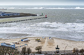 View of Boulogne sur mer, its beach, its port, and the Carnot dike hit by the waves during the storm Ciara, February 2020, Hauts de France, France