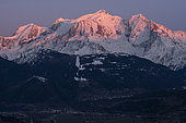 Mont-Blanc massif at sunset. Shooting from the heights of Sallanches. Haute-Savoie, France