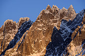 Chamonix needles at sunset. Shooting from the Chamonix valley. Mont-Blanc Massif, Haute-Savoie, France