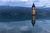 Bell tower of Curon (Graun), at Resia Lake, at dusk, Trentino-Alto Adige, Italy