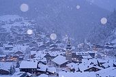 Snowfall above La Clusaz. Winter scene in Haute-Savoie, France