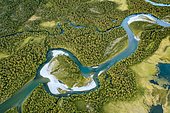 Aerial view, meandering river landscape in the Rapa Valley near Kebnekaise, Sarek National Park, Norrbottens län, Sweden, Europe