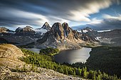 View from the summit of Mount Nublet on Mount Assiniboine, Mount Sunburst, Lake Magog, Lake Sunburst and Lake Cerulean, Canadian Rocky Mountains, Mount Assiniboine Provincial Park, British Columbia, Canada, North America