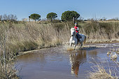 Léa, 8, rides her mare called Brume along the canals, Saintes-maries-de-la-mer, Camargue, France