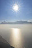 Lac du Bourget in winter, Temperature inversion: mist stagnates on the lake, Image taken from Chambotte, Alps, Savoie, France