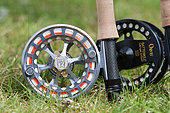 Reels fitted with fishing rods for fly fishing, Moselle, Lorraine, France