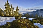 Mountain landscape with snow, at the back the Inn Valley and at the far back the Karwendel Range, from Mt Kleiner Gamsstein, Tux Prealps, Tyrol, Austria, Europe