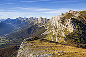 The cliffs of the eastern barrier of Vercors from the Moucherolles pass (2060m), Trièves, Hauts Plateaux du Vercors national nature reserve, Vercors regional natural park, Isère, France