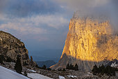 Cliff of Mont Aiguille (2086m) seen from Pas de la Selle, Trièves, Hauts Plateaux du Vercors national nature reserve, Vercors regional natural park, Isère, France