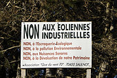 Sign, opposition to the installation of wind turbines, hamlet of Malval, Saulnot, Haute Saone, France