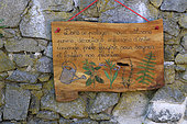 Wooden sign, We use liquid manure, decoction, nettle infusion and so on, garden, Wesserling park, Husseren Wesserling, Haut Rhin, France