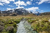 Mountain stream Route Burn and Mount Xenicus, Routeburn Track, Mount Aspiring National Park, Westland District, West Coast, South Island, New Zealand, Oceania