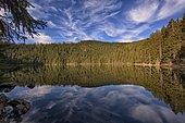 Reflection with clouds, Čertovo jezero lake, Čertovo, Sumava National Park, Bohemia, Czech Republic, Europe