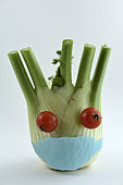 Head with mask for protection against viruses, character, vegetables, fennel, tomatoes, garden, Belfort, Territoire de Belfort, France