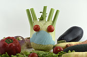 Head with mask for protection against viruses, character, vegetables, fennel, tomatoes, garden, Belfort, Territoire de Belfort, France