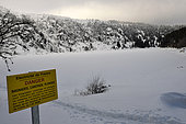 EDF sign Swimming and diving prohibited, glacial cirque under the Gazon du Faing, Lac Blanc, winter, snow, Orbey, Hautes-Vosges, Haut-Rhin, France