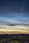 Comet NEOWISE and noctulescent mesospheric polar clouds over Lausanne, Switzerland and Lake Geneva at the end of the night on 08 July 2020