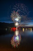 Fireworks at Lake Schliersee, reflection, Upper Bavaria, Bavaria, Germany, Europe
