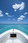 Prow of a pleasure boat at anchor in Grand Case Bay. Island of Saint-Martin, French West Indies